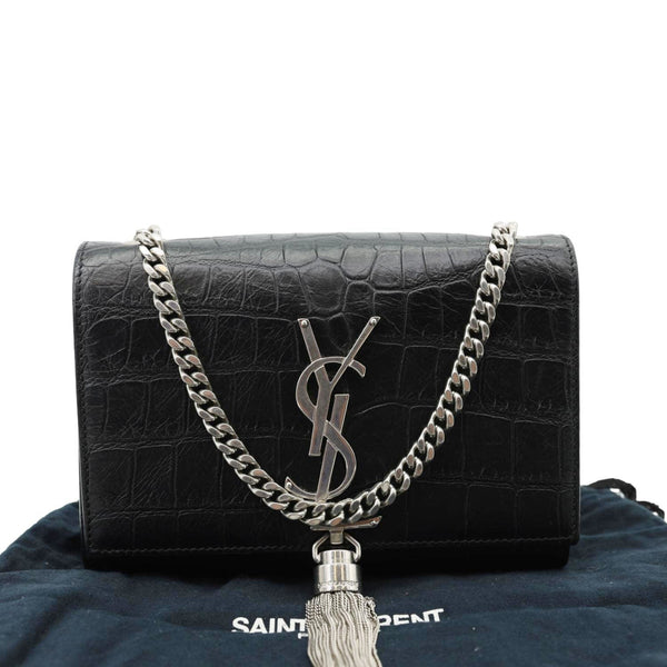 YVES SAINT LAURENT Kate Tassel Crocodile Embossed Leather Crossbody Bag Black