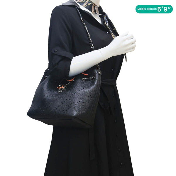 CHANEL CC Drawstring Medium Perforated Caviar Bucket Bag Black
