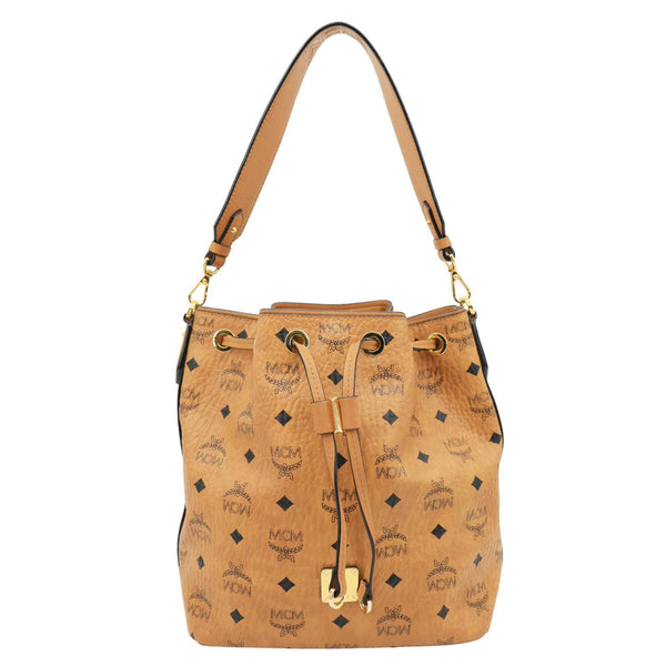 MCM Drawstring Visetos Canvas Bucket Bag Cognac