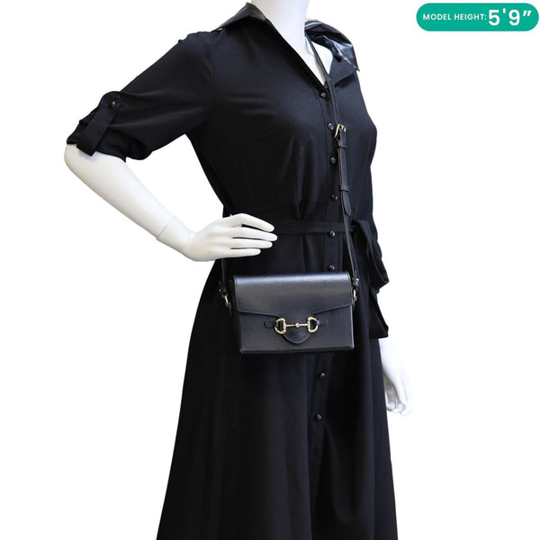 GUCCI Horsebit 1955 Flap Leather Shoulder Bag Black 732314