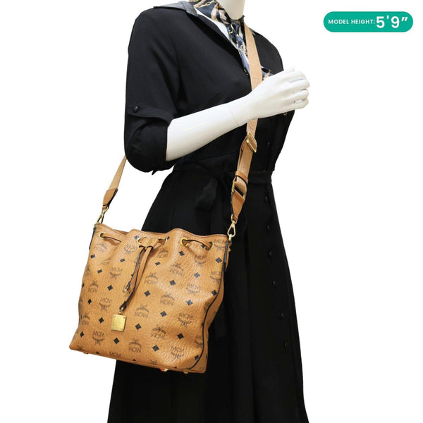 MCM Drawstring Visetos Canvas Bucket Bag Cognac