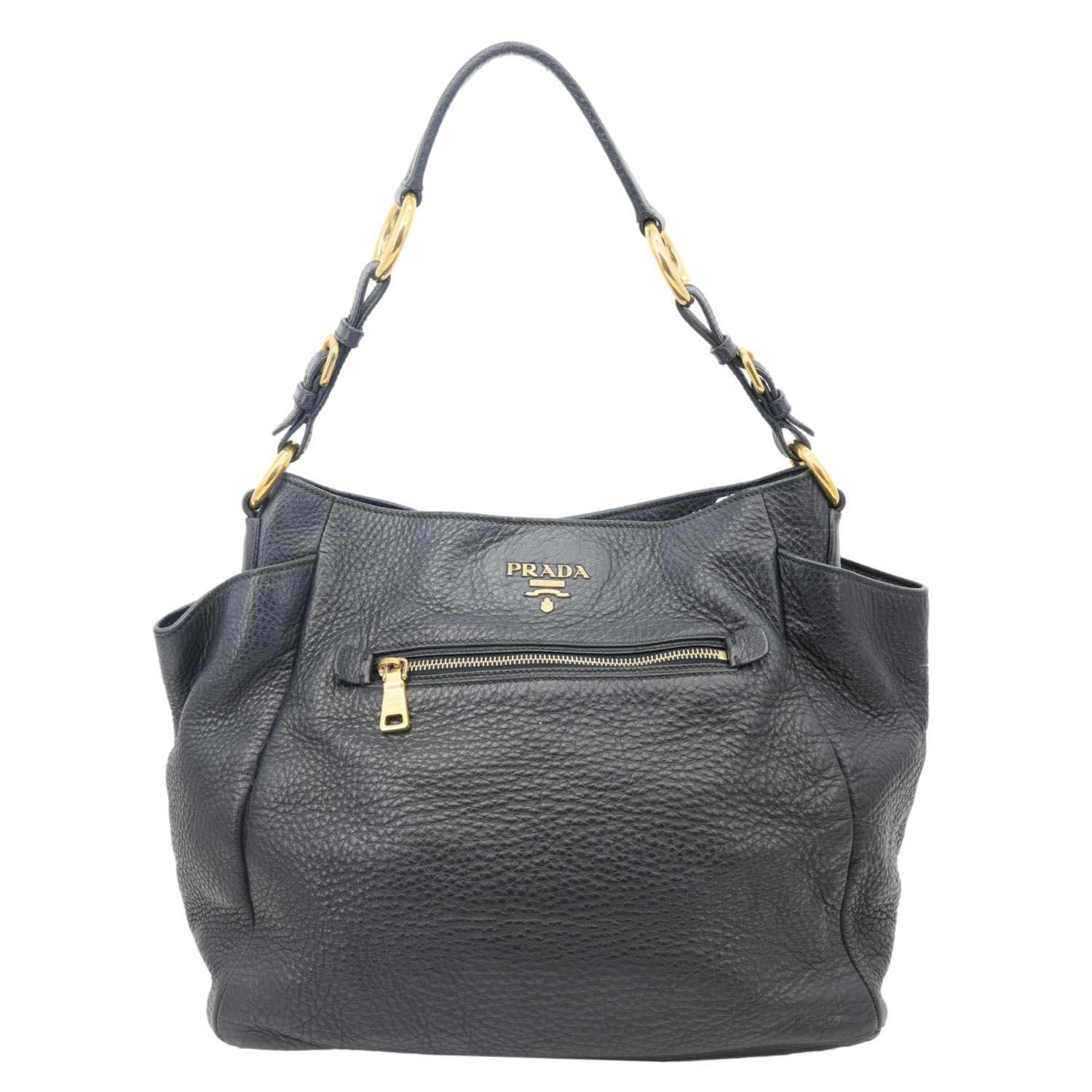PRADA Vitello Daino Front Zip Leather Hobo Bag Black