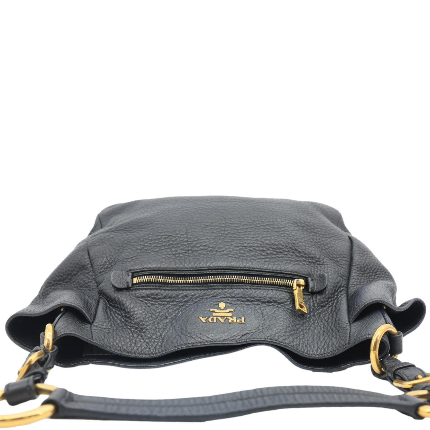 PRADA Vitello Daino Front Zip Leather Hobo Bag Black