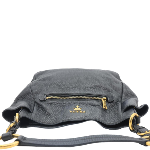 PRADA Vitello Daino Front Zip Leather Hobo Bag Black
