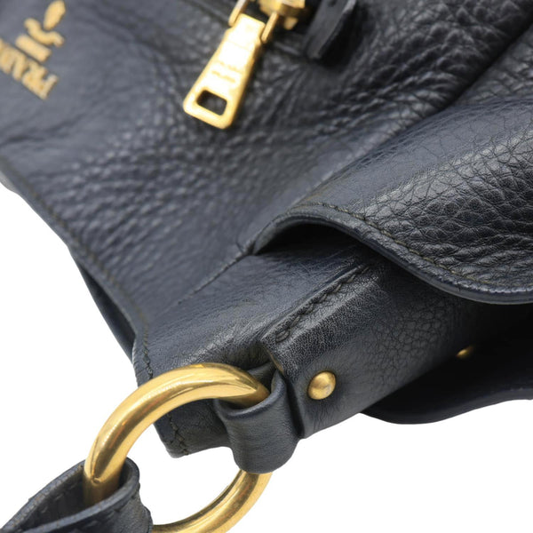 PRADA Vitello Daino Front Zip Leather Hobo Bag Black