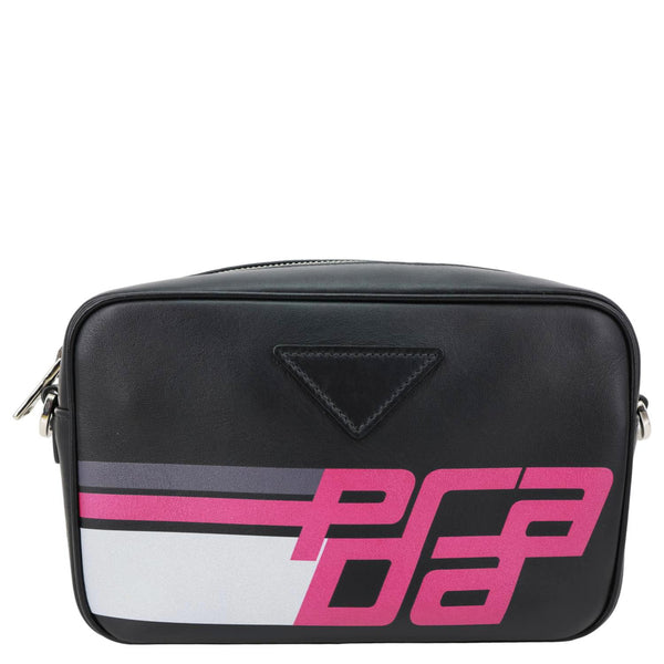 PRADA City Racing Logo Bandoliera Calf Leather Crossbody Bag Black