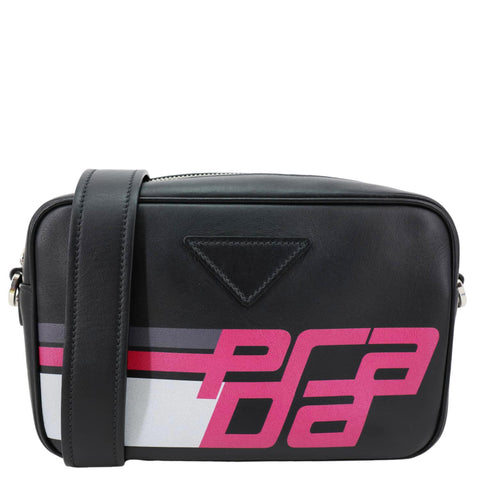 PRADA City Racing Logo Bandoliera Calf Leather Crossbody Bag Black