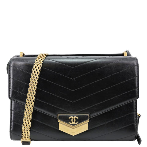CHANEL Medal Flap Calfskin Chevron Quilted Leather Shoulder Bag Black