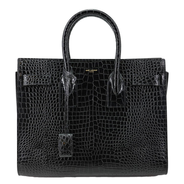 YVES SAINT LAURENT Sac De Jour Croc Embossed Leather Tote Bag Black