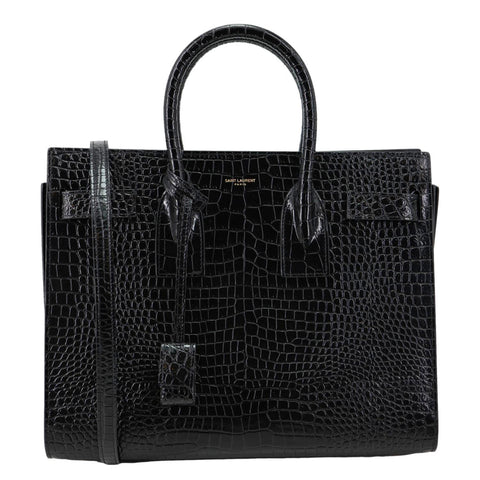 YVES SAINT LAURENT Sac De Jour Croc Embossed Leather Tote Bag Black