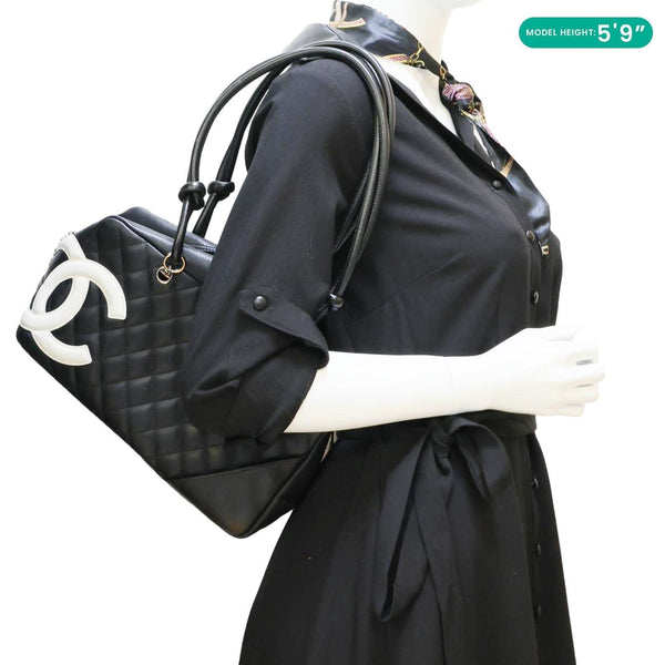 CHANEL Cambon Ligne Quilted Leather Bowler Tote Bag Black