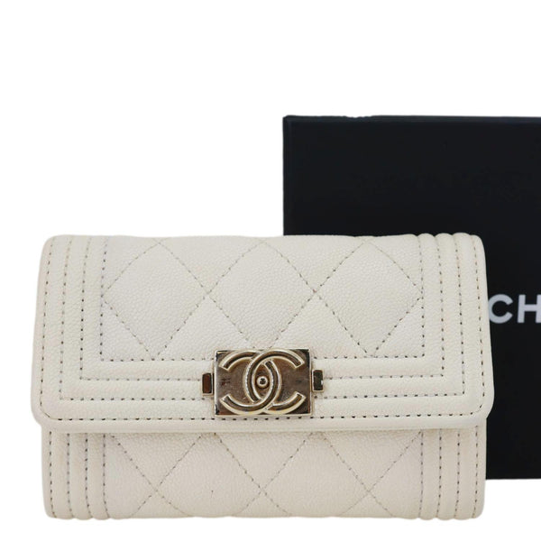 CHANEL Boy Quilted Caviar Leather Card Holder Off White