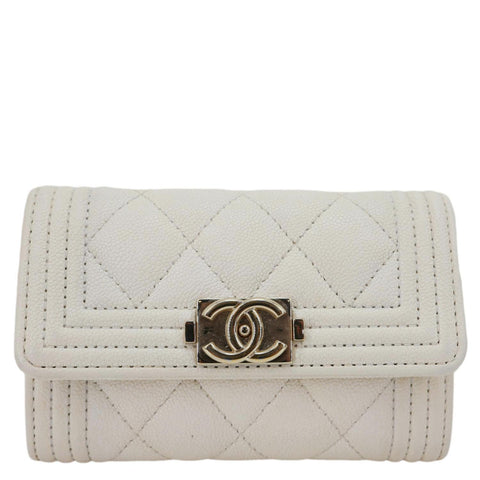 CHANEL Boy Quilted Caviar Leather Card Holder Off White