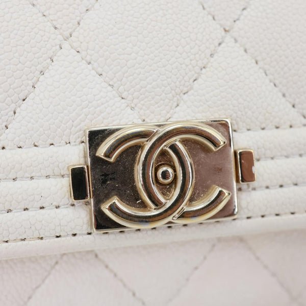 CHANEL Boy Quilted Caviar Leather Card Holder Off White