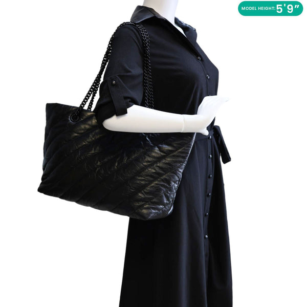 BALENCIAGA Crush Large Quilted Calfskin Leather Tote Bag Black