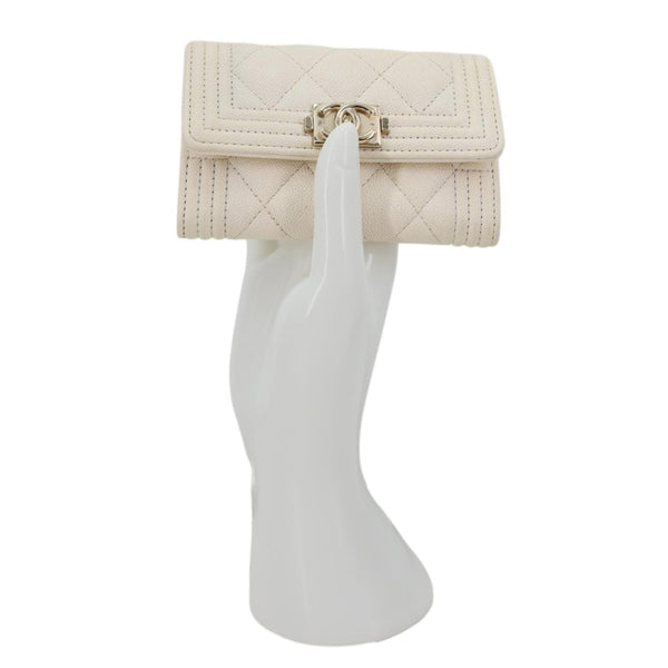 CHANEL Boy Quilted Caviar Leather Card Holder Off White