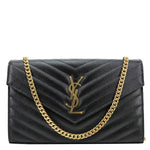 YVES SAINT LAURENT Cassandre Envelope Grain De Poudre Matelasse Leather Chain Wallet Black