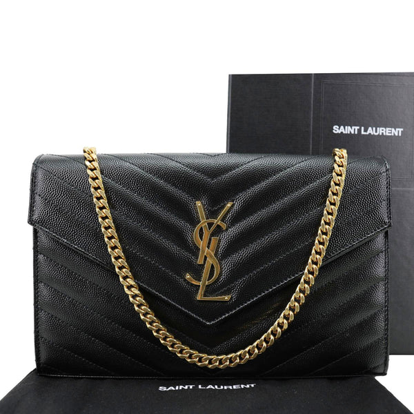 YVES SAINT LAURENT Cassandre Envelope Grain De Poudre Matelasse Leather Chain Wallet Black
