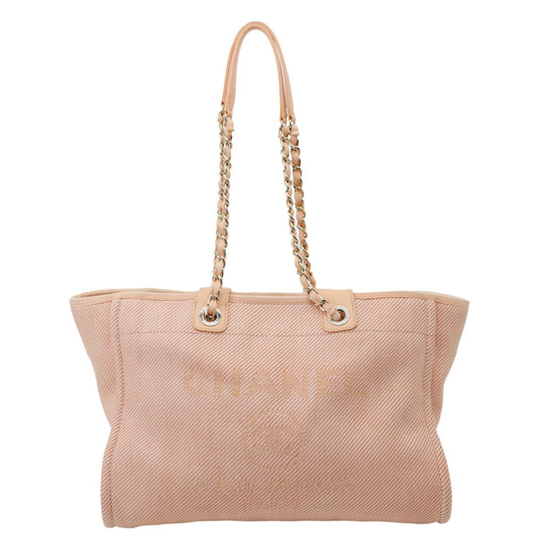CHANEL Deauville Mixed Fibers Calfskin Leather Tote Bag Peach