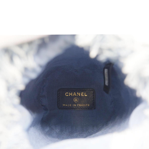 CHANEL Mood Logo Printed Quilted Denim Chain Bucket Bag Blue