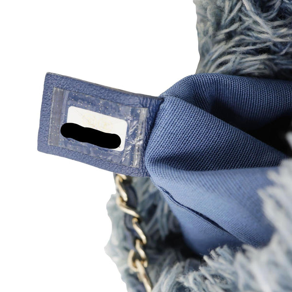 CHANEL Mood Logo Printed Quilted Denim Chain Bucket Bag Blue