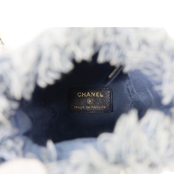 CHANEL Mood Logo Printed Quilted Denim Chain Bucket Bag Blue