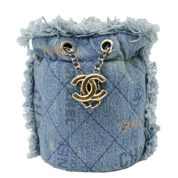 CHANEL Mood Logo Printed Quilted Denim Chain Bucket Bag Blue