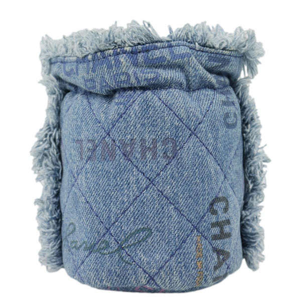 CHANEL Mood Logo Printed Quilted Denim Chain Bucket Bag Blue
