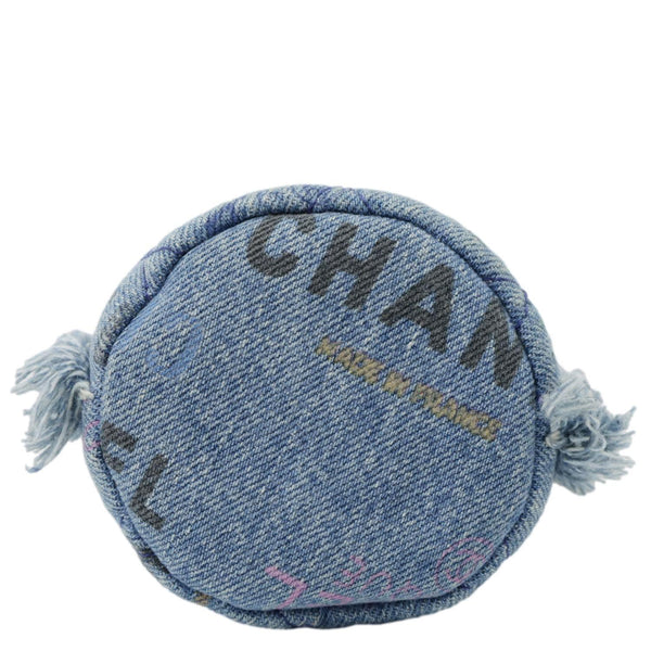 CHANEL Mood Logo Printed Quilted Denim Chain Bucket Bag Blue