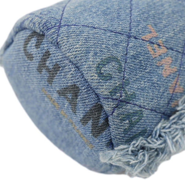 CHANEL Mood Logo Printed Quilted Denim Chain Bucket Bag Blue