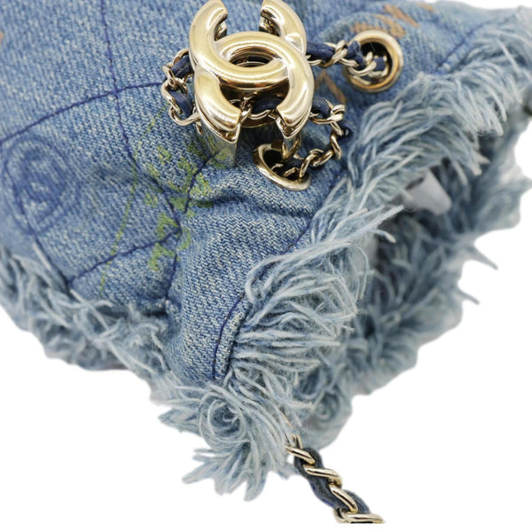 CHANEL Mood Logo Printed Quilted Denim Chain Bucket Bag Blue