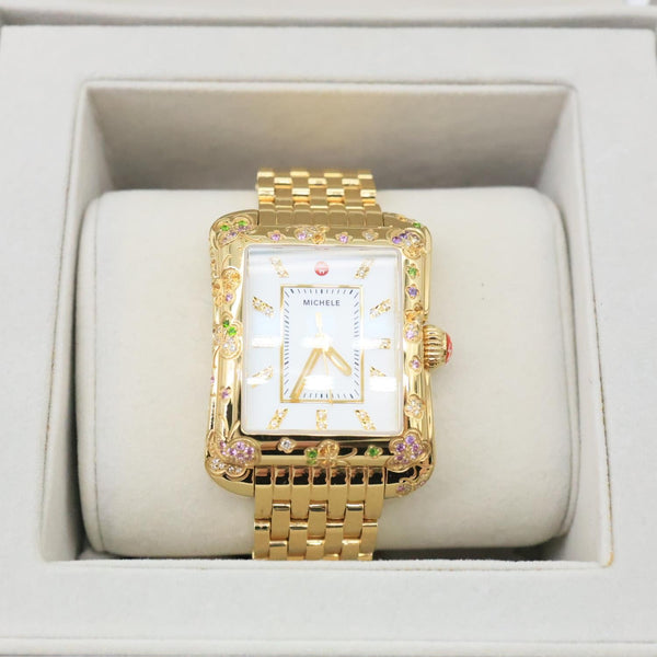 MICHELE Limited Edition Butterfly Deco Moderne 18K Gold-Plated Diamond Watch Mop Dial 35mm x 42mm