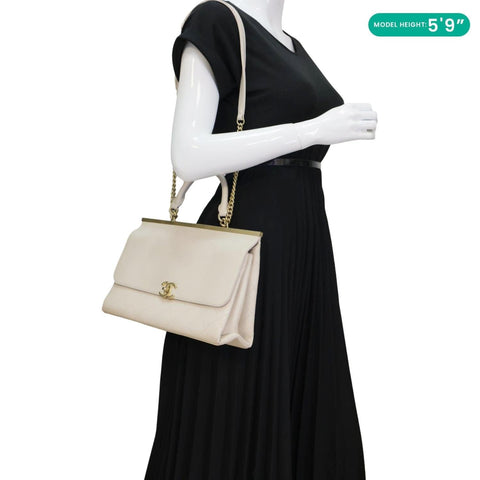 CHANEL Coco Luxe Flap Quilted Lambskin Leather Top Handle Shoulder Bag Off White