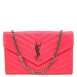 YVES SAINT LAURENT Monogram Grain De Poudre Chevron Leather Wallet On Chain Neon Pink