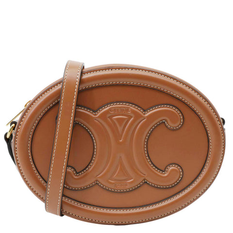 CELINE Triomphe Oval Calfskin Cuir Shoulder Bag Tan