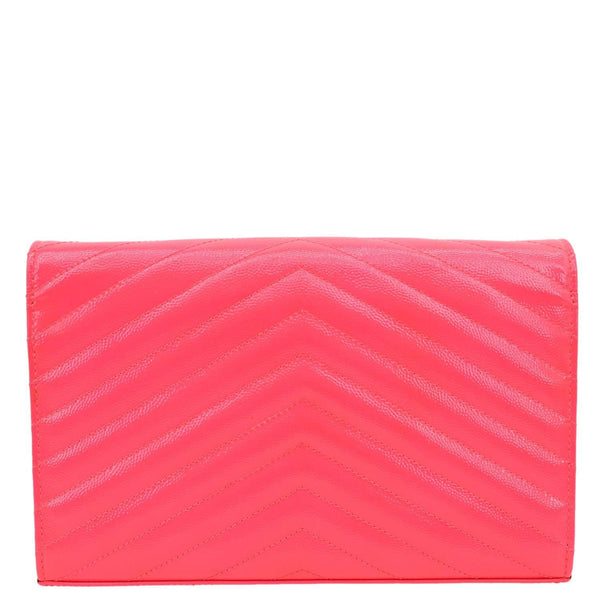 YVES SAINT LAURENT Monogram Grain De Poudre Chevron Leather Wallet On Chain Neon Pink