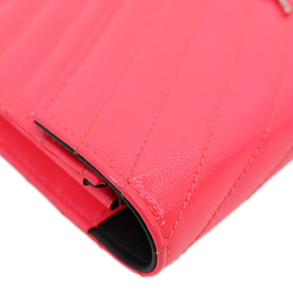 YVES SAINT LAURENT Monogram Grain De Poudre Chevron Leather Wallet On Chain Neon Pink