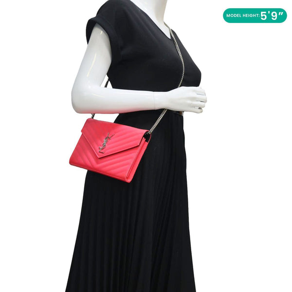 YVES SAINT LAURENT Monogram Grain De Poudre Chevron Leather Wallet On Chain Neon Pink