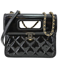 CHANEL Graphic Catch Flap Mini Quilted Patent Leather Shoulder Bag Black