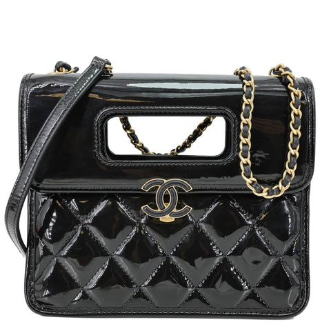 CHANEL Graphic Catch Flap Mini Quilted Patent Leather Shoulder Bag Black