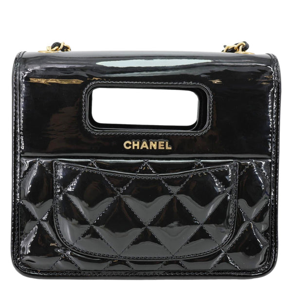 CHANEL Graphic Catch Flap Mini Quilted Patent Leather Shoulder Bag Black