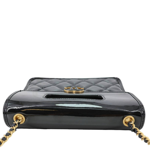 CHANEL Graphic Catch Flap Mini Quilted Patent Leather Shoulder Bag Black