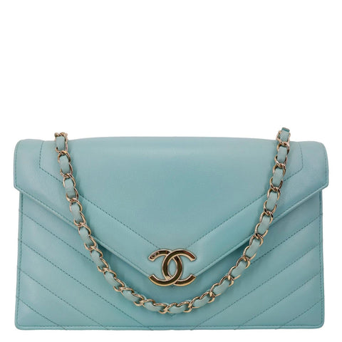 CHANEL Envelope Flap Calfskin Chevron Leather Crossbody Bag Turquoise