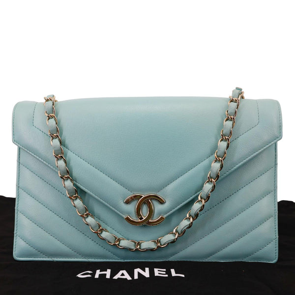 CHANEL Envelope Flap Calfskin Chevron Leather Crossbody Bag Turquoise