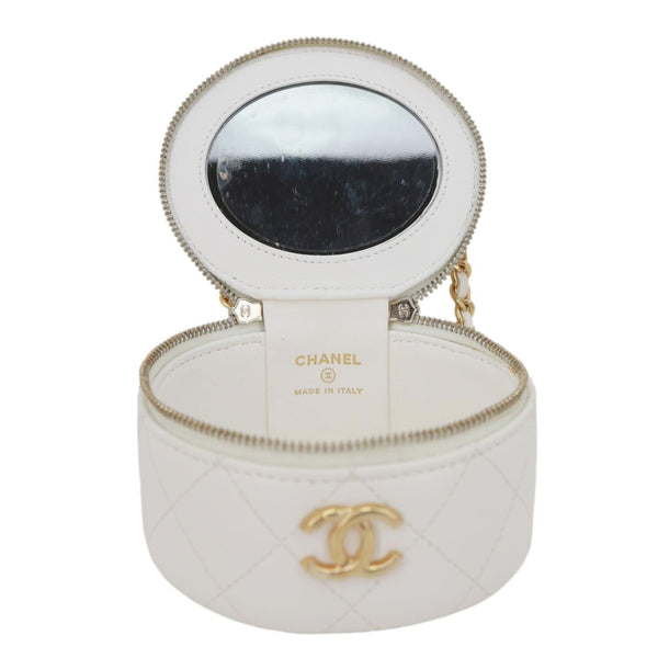 CHANEL Pearly Girl Round Quilted Lambskin Leather Top Handle Vanity Case With Chain White