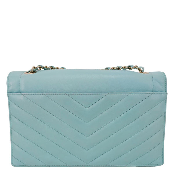CHANEL Envelope Flap Calfskin Chevron Leather Crossbody Bag Turquoise