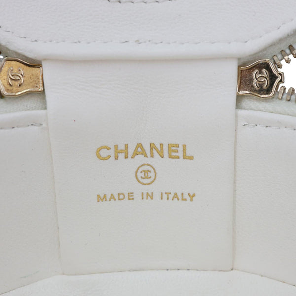 CHANEL Pearly Girl Round Quilted Lambskin Leather Top Handle Vanity Case With Chain White