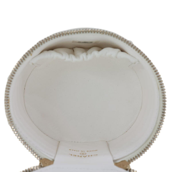 CHANEL Pearly Girl Round Quilted Lambskin Leather Top Handle Vanity Case With Chain White