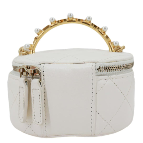 CHANEL Pearly Girl Round Quilted Lambskin Leather Top Handle Vanity Case With Chain White