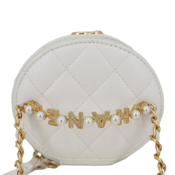 CHANEL Pearly Girl Round Quilted Lambskin Leather Top Handle Vanity Case With Chain White